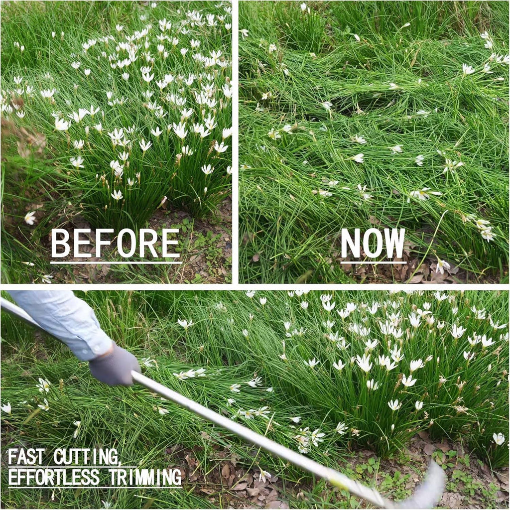 Long-handled weeding sickle cutting weeds in a grassy garden bed