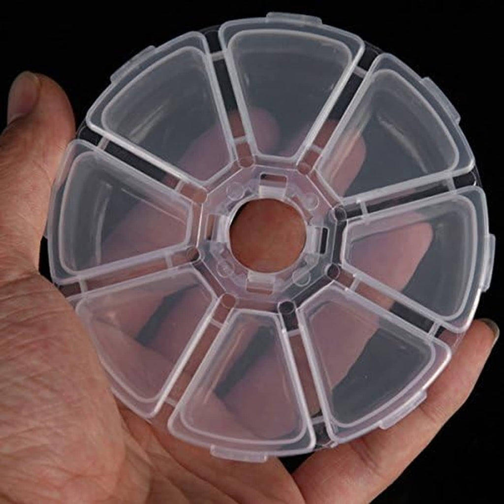 Clear round plastic bead storage case held in hand, showing 8 compartments