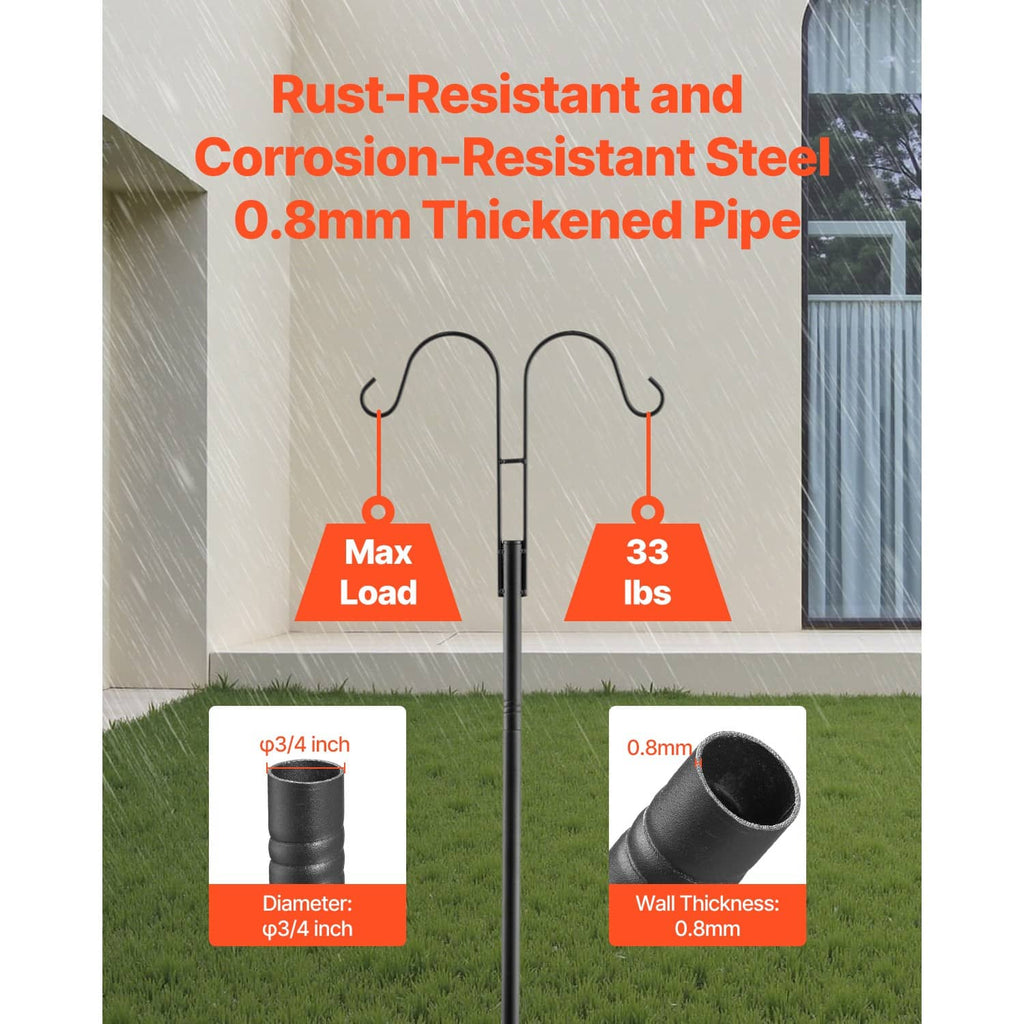 Black heavy-duty bird feeder pole pipe with two curved hooks and thick metal