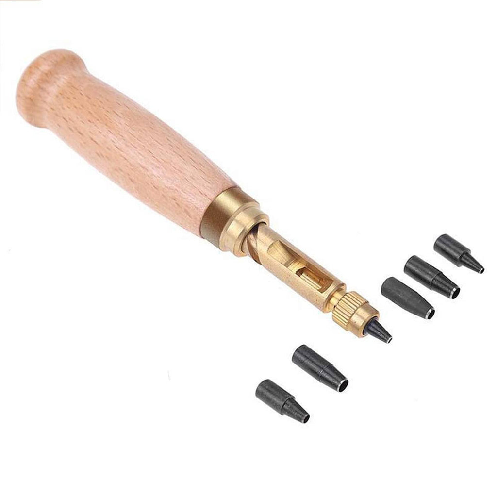Leather screw punch tool with wooden handle, brass mechanism, and multiple black tips