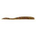 Flat worm fishing bait, speckled yellow-green body with purple and orange flecks