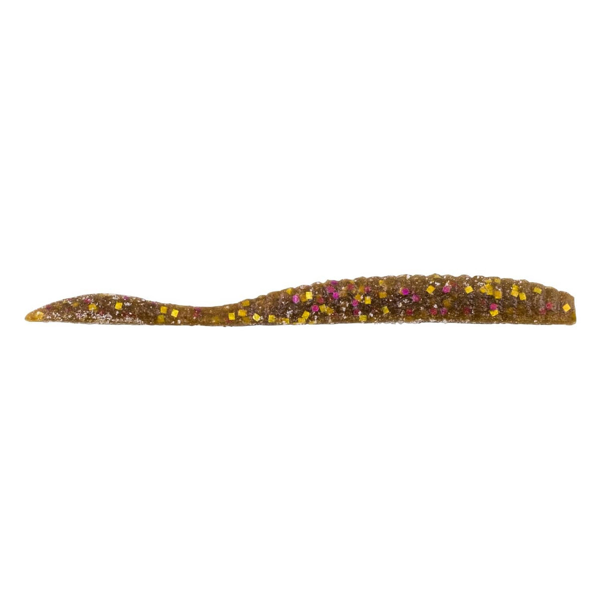 Flat worm fishing bait, speckled yellow-green body with purple and orange flecks