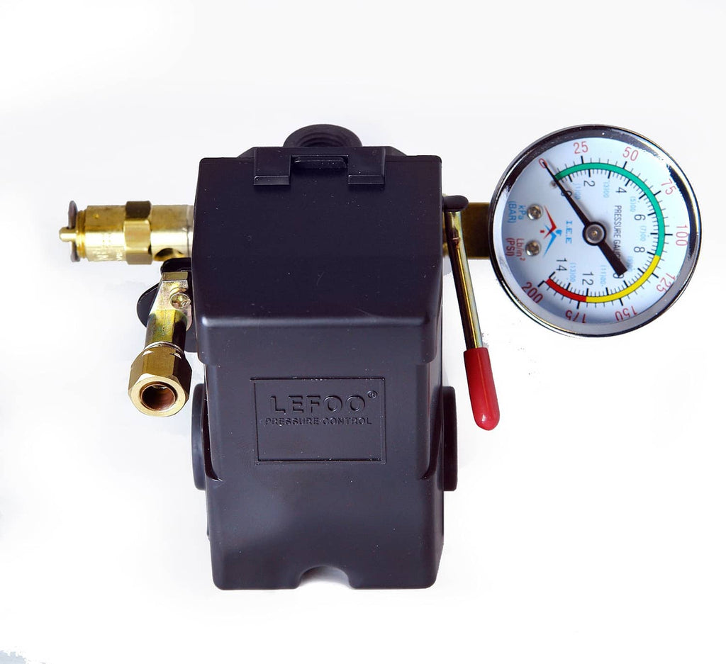 Black air pressure control switch with 0–200 PSI gauge and red lever
