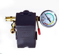 Black air pressure control switch with 0–200 PSI gauge and red lever