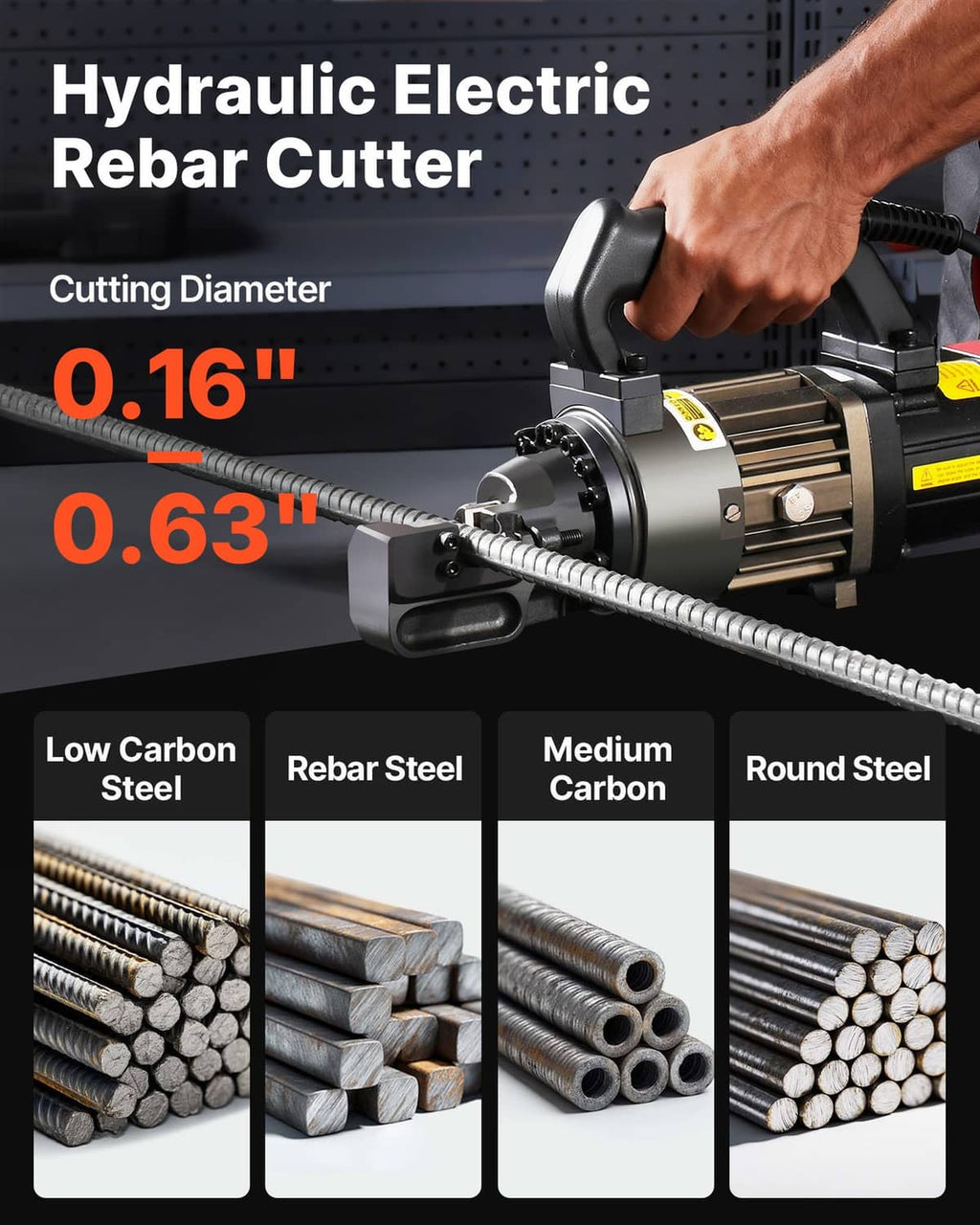 Electric hydraulic rebar cutter with front clamp and curved handle, cutting steel rebar