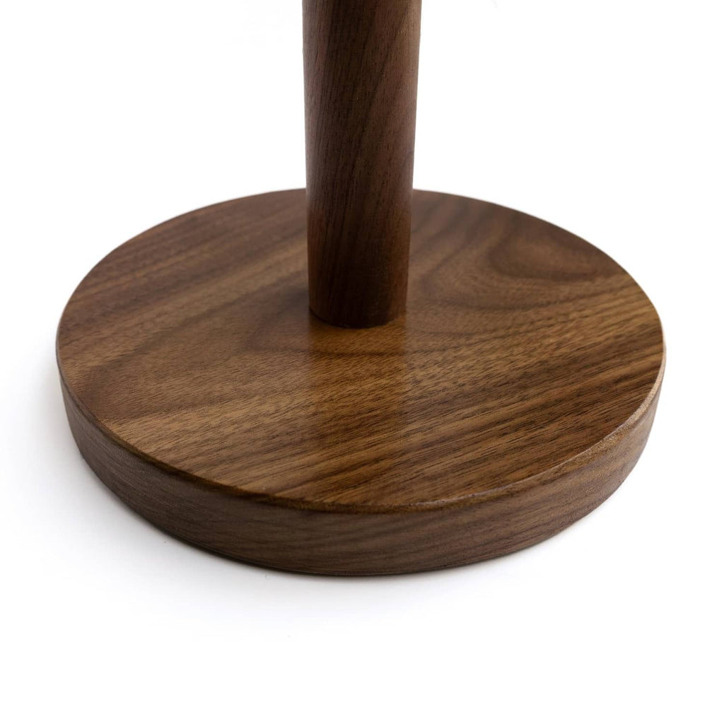 Dark walnut round base of paper towel holder with visible wood grain