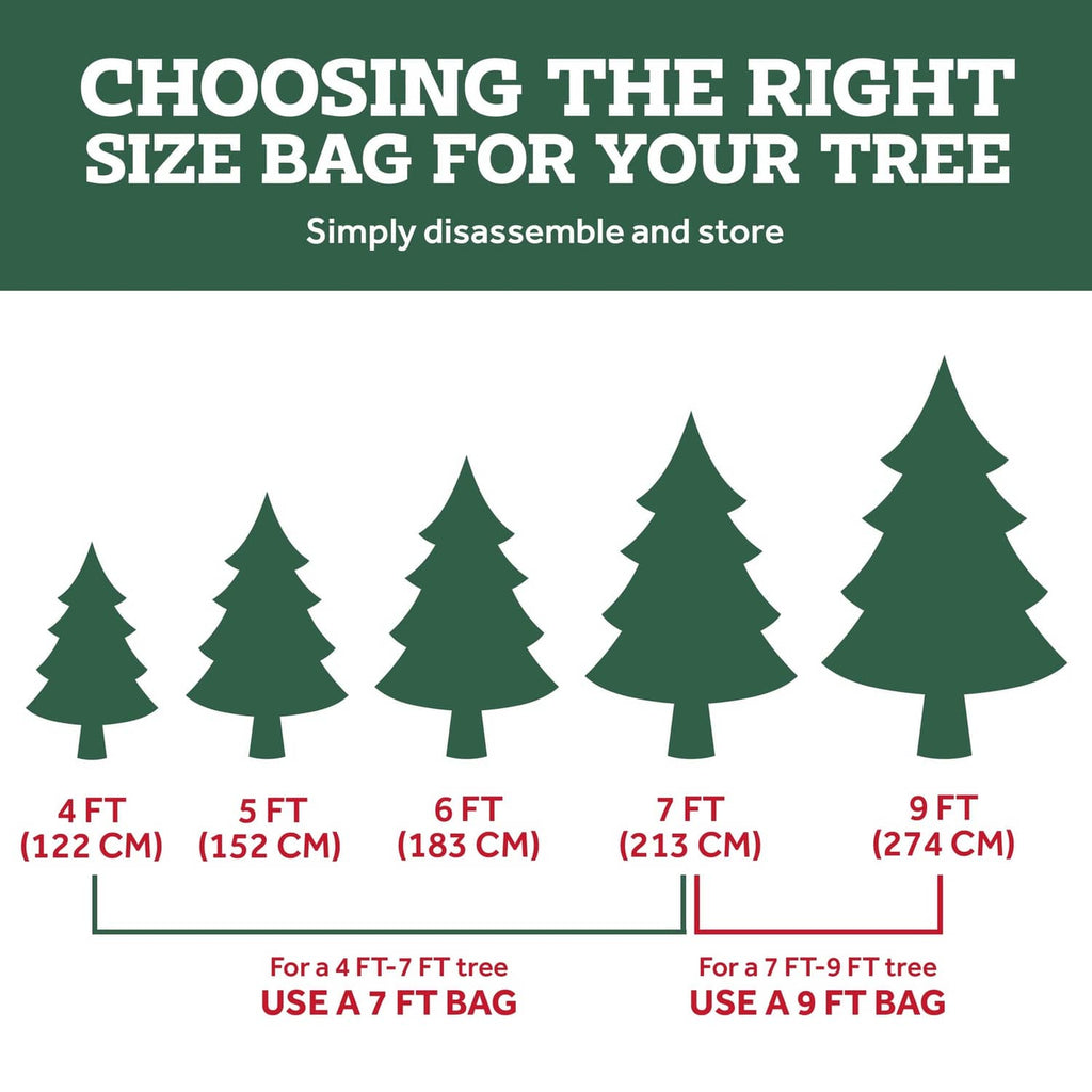 Christmas tree storage bag size chart by tree height with bag fit icons