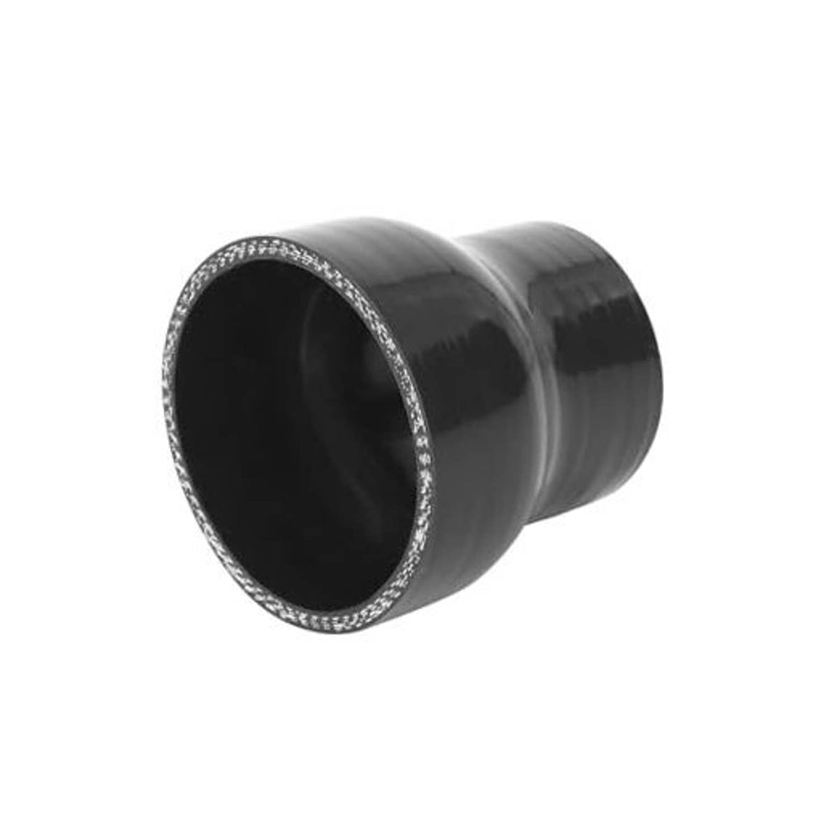 Black silicone reducer hose coupler, tapered tube with textured silver rim and open end