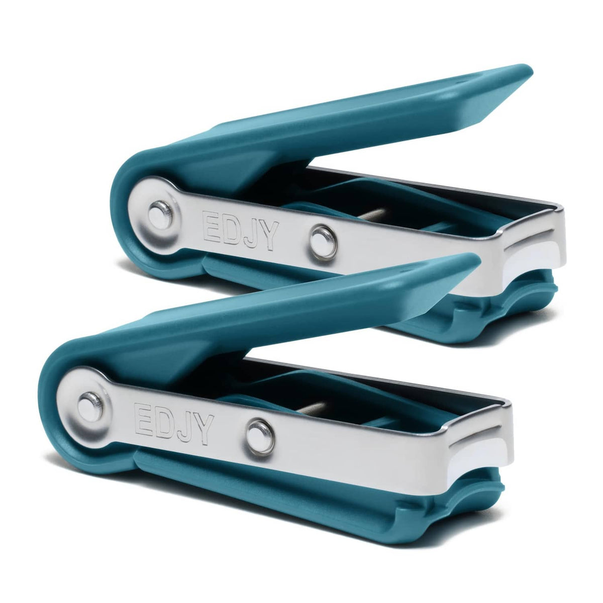 Blue and silver EDJY stainless steel fingernail cutters, 2-pack, ergonomic lever