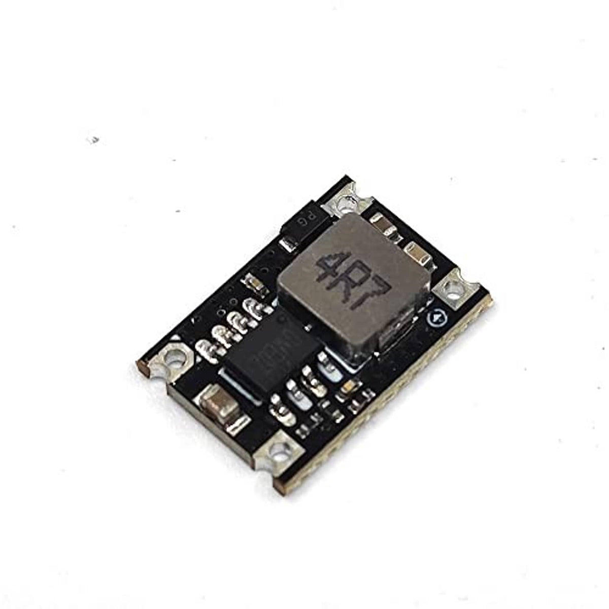 Black DC-DC buck regulator module PCB, front view with dark IC and mounting holes