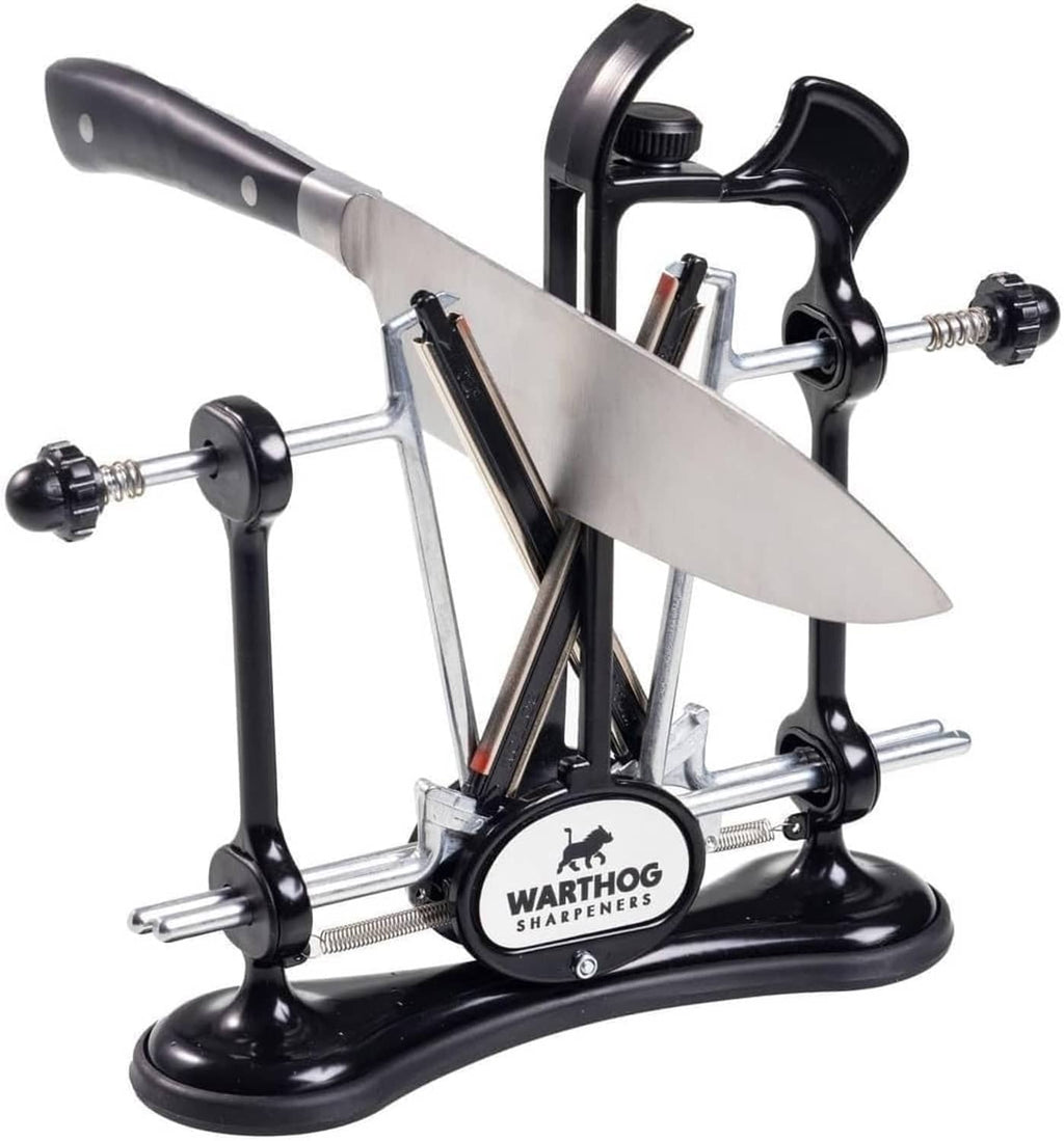 Black and silver countertop knife sharpener with V-guides and diamond sharpening rod