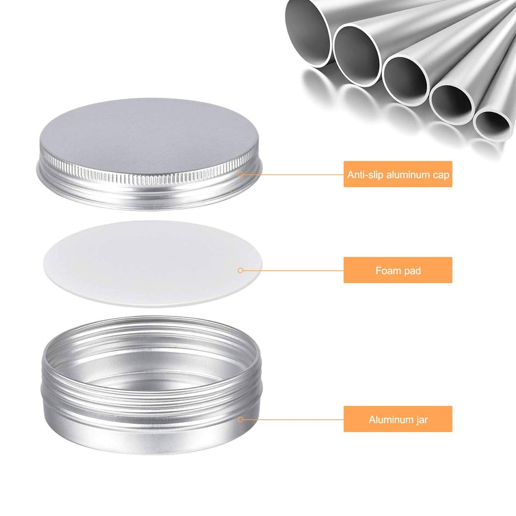 Round aluminum tin can with screw lid and base, silver, parts shown