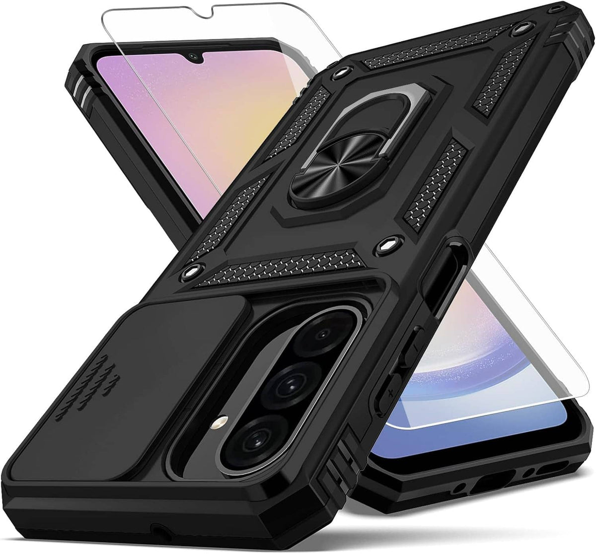 Black rugged phone case with ring stand and transparent screen protector, camera lens cover