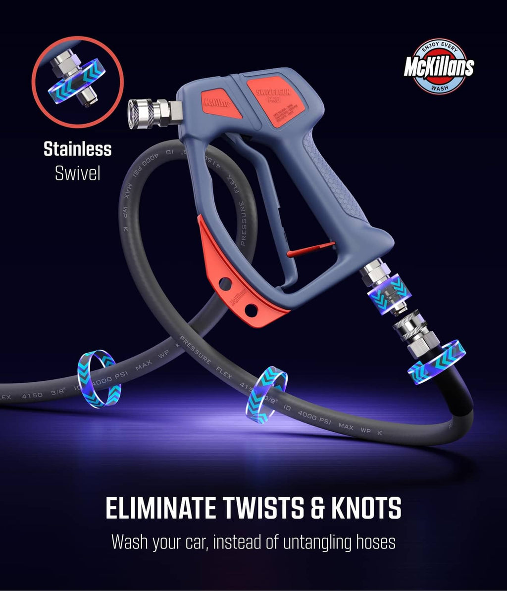 Blue swivel pressure washer gun with red accents, swivel hose, and metal connectors
