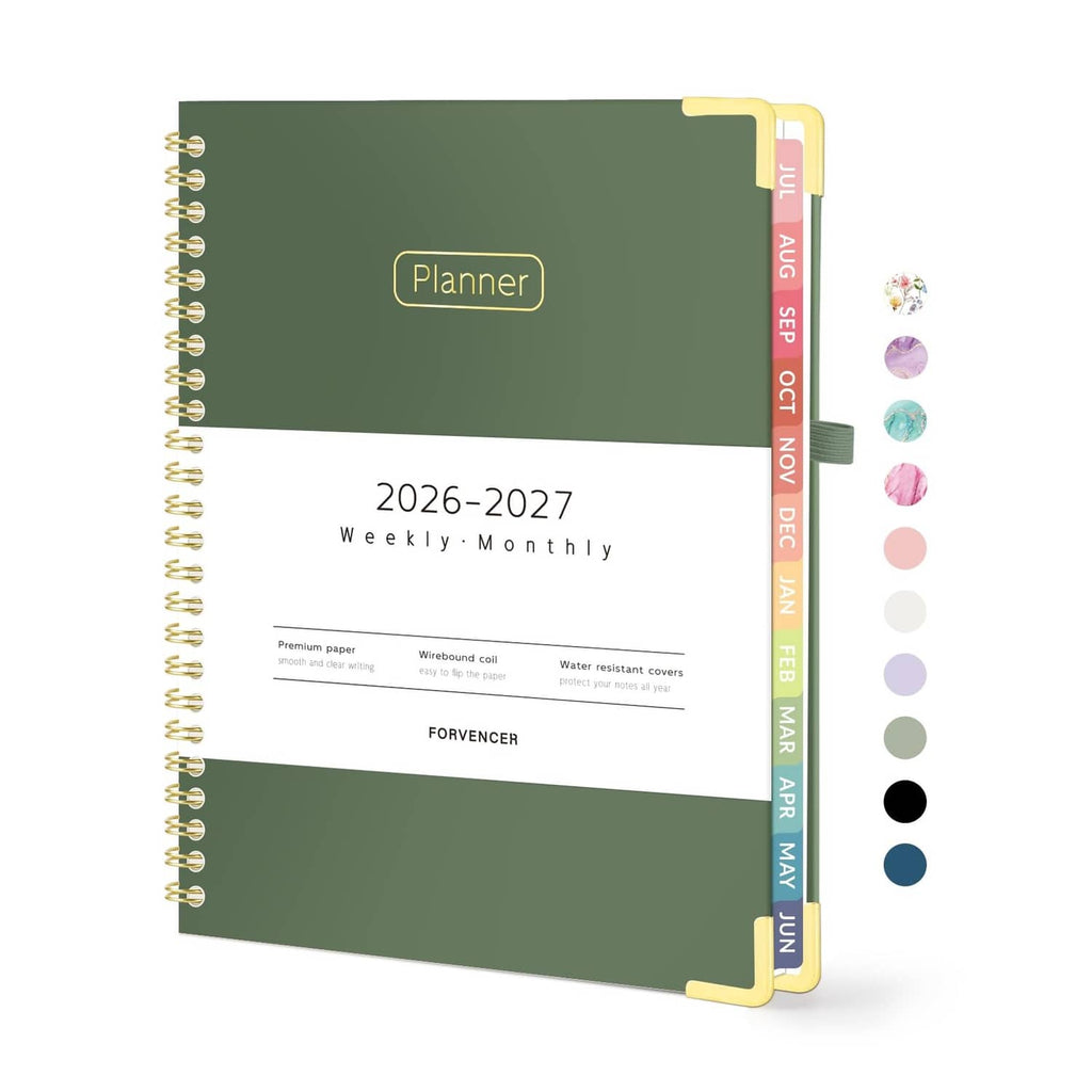 Academic planner with dark green cover, gold spiral binding, and colored side tabs