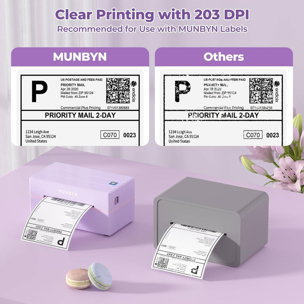 Thermal label printer showing printed Priority Mail labels and label rolls