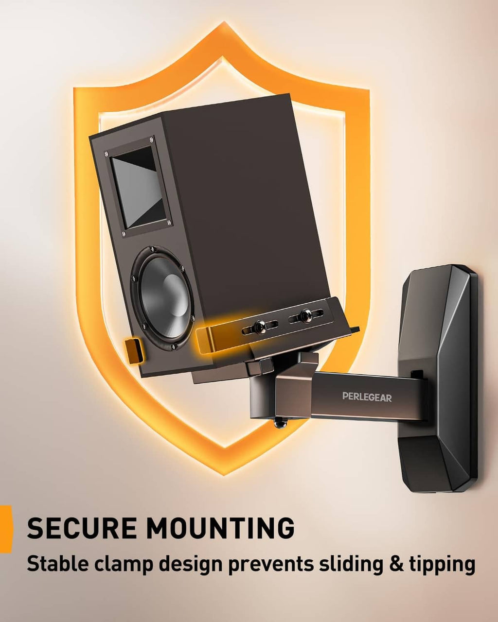 Black speaker wall mount bracket with secure clamp and mounting plate
