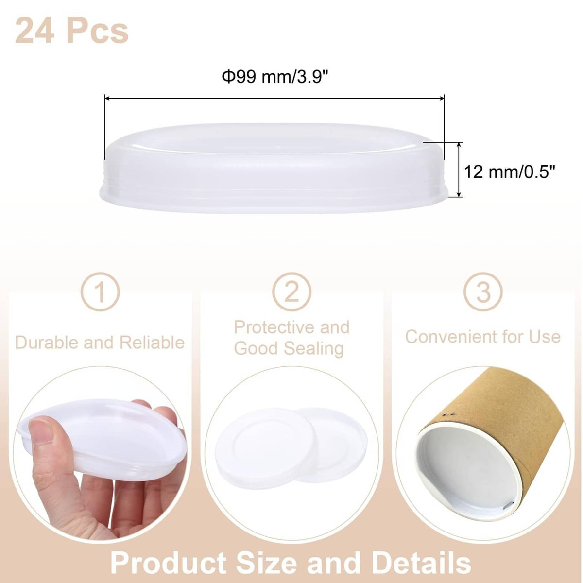 White round mailing tube end cap, 12mm height, for 4 in ID tubes, 24 pcs set