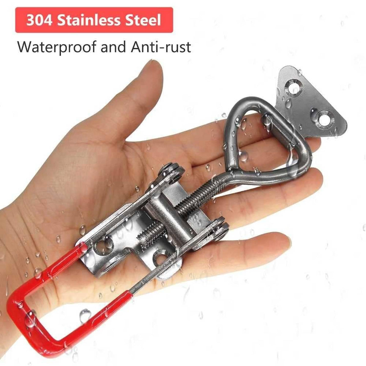Stainless steel toggle latch clamp with red handle, held in hand, anti-rust design