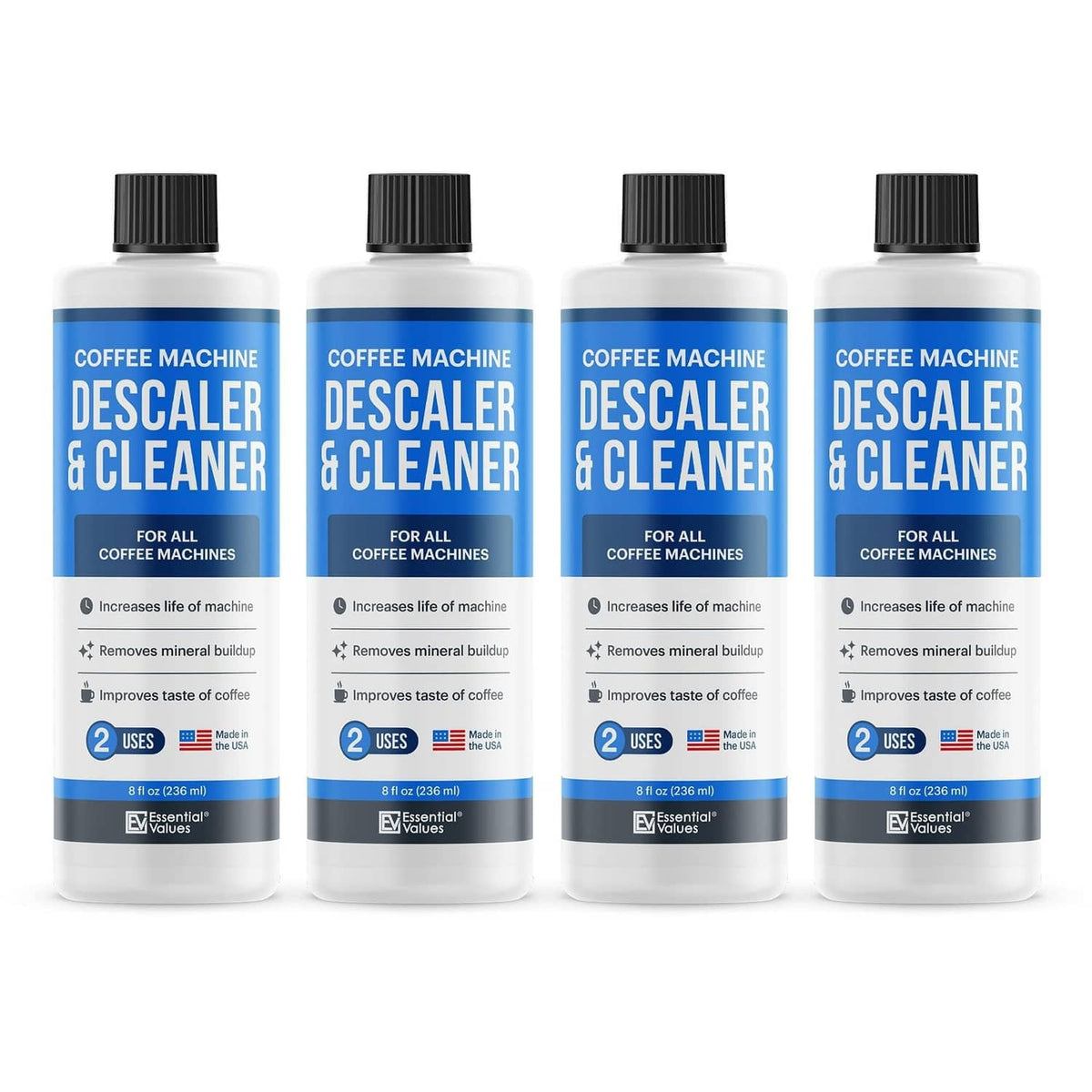 Coffee machine descaler & cleaner bottles, blue label, black caps, 4-pack