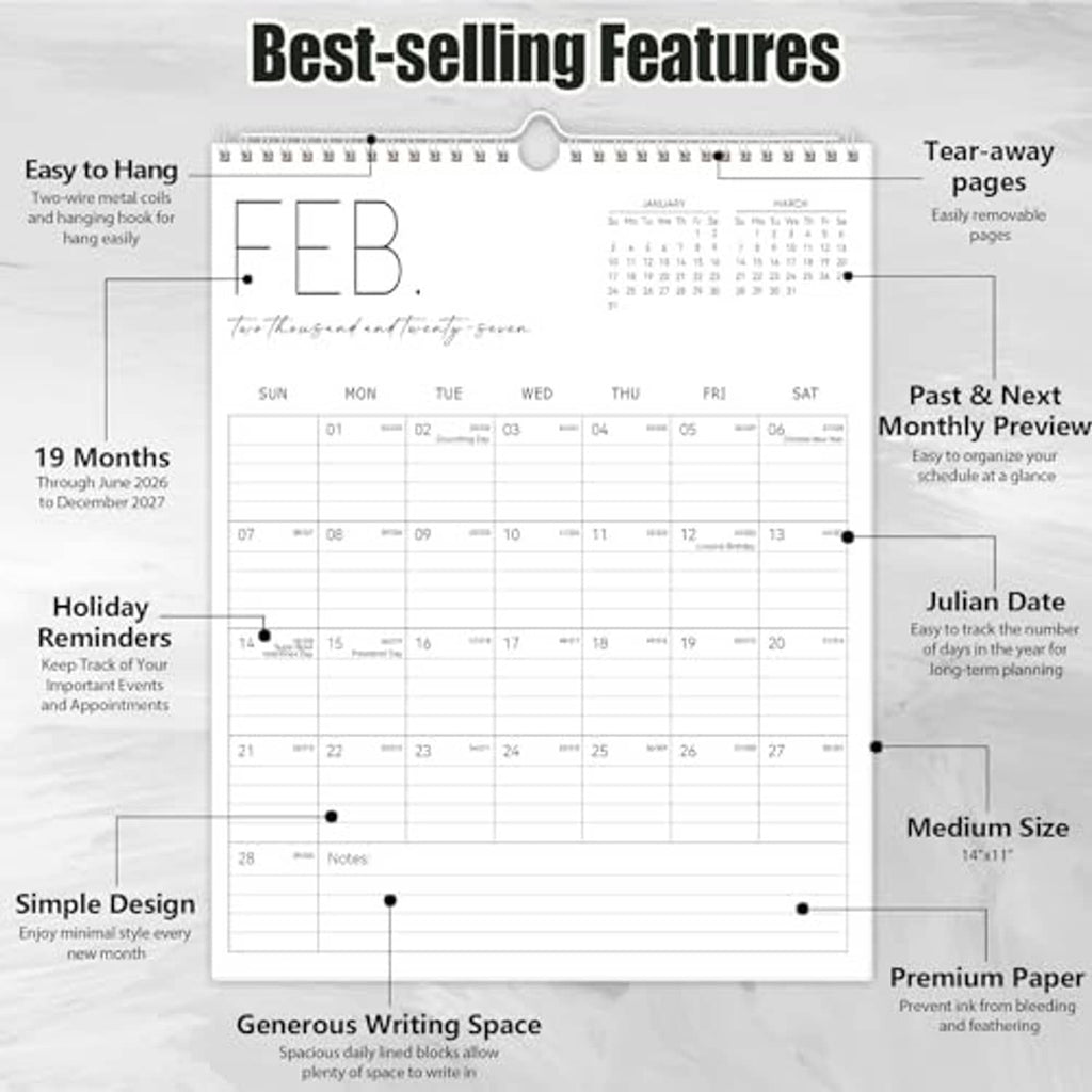 White vertical wall calendar with tear-away pages and past & next monthly preview