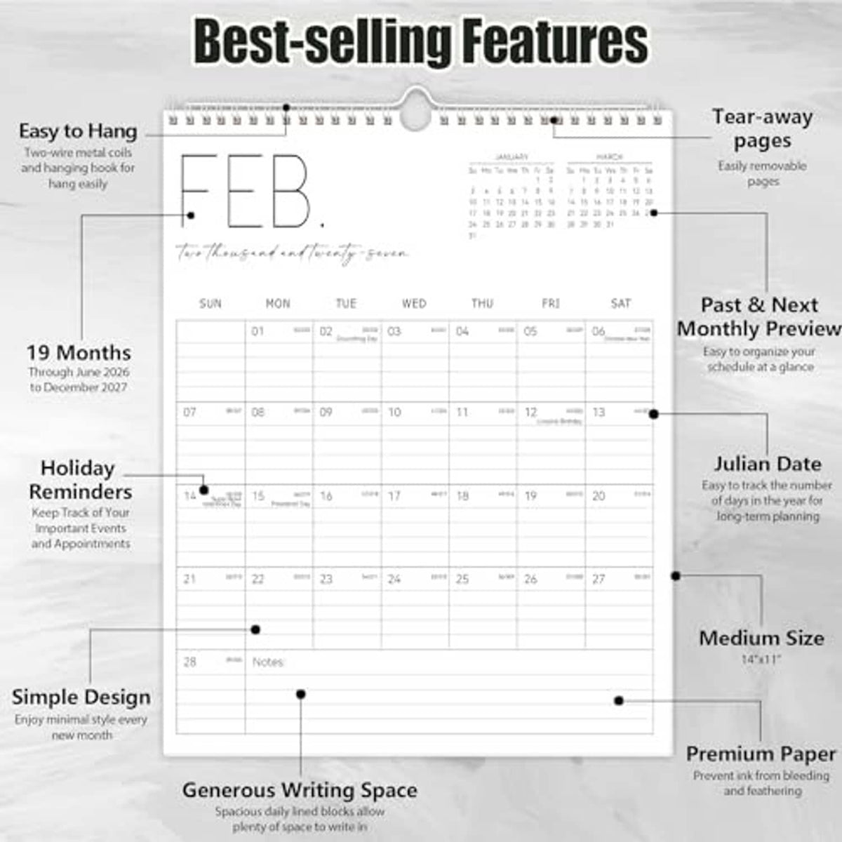 White vertical wall calendar with tear-away pages and past & next monthly preview