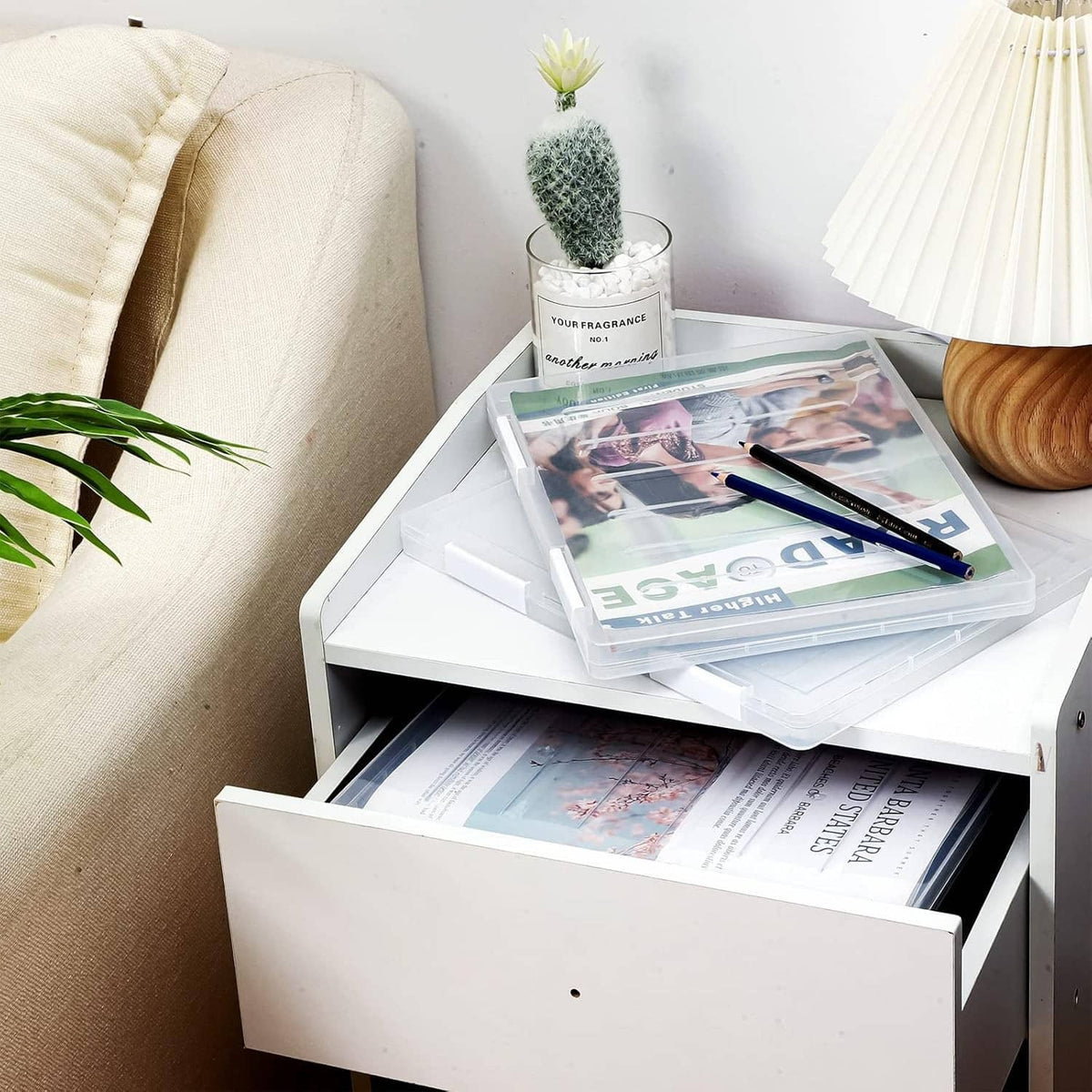 Clear A4 magazine protectors in a white organizer tray for documents and stationery
