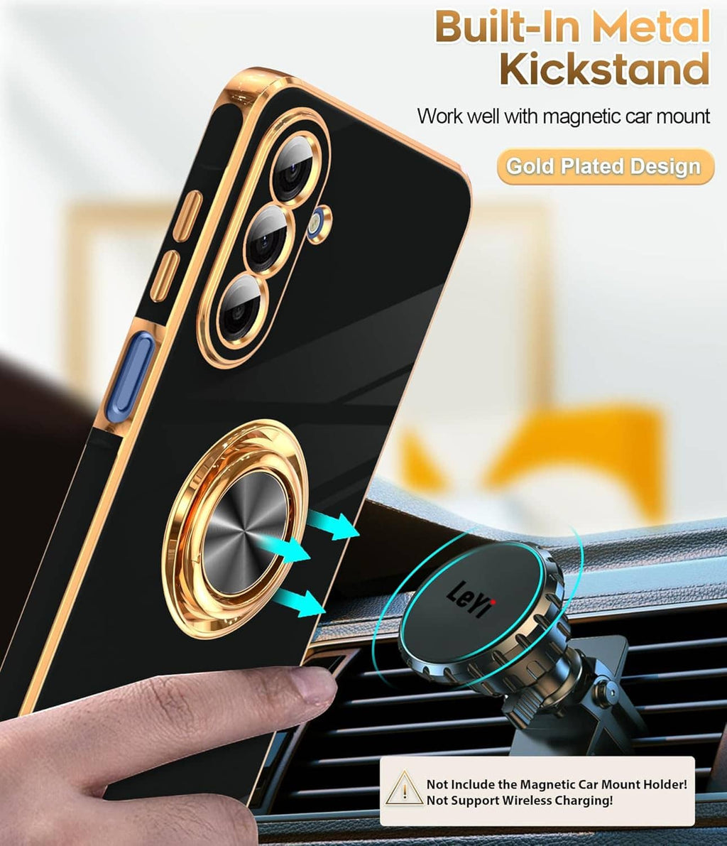 Black phone case with built-in metal kickstand ring and gold-plated design