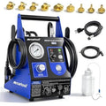 Blue electric brake fluid bleeder kit with pressure gauge, hoses, and gold adapters