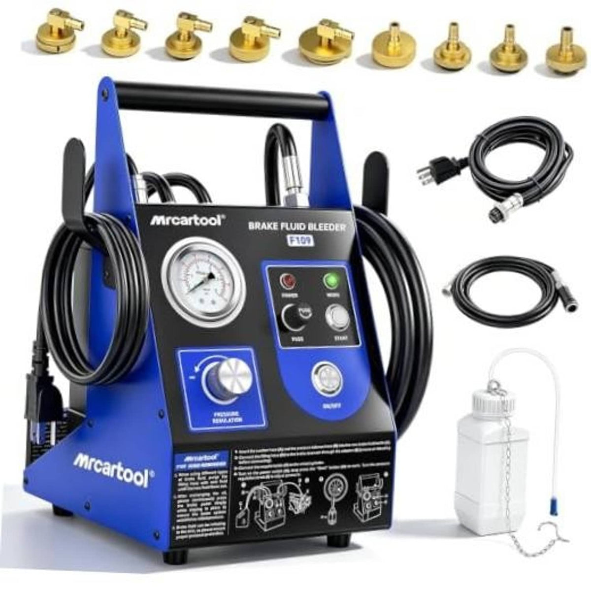 Blue electric brake fluid bleeder kit with pressure gauge, hoses, and gold adapters