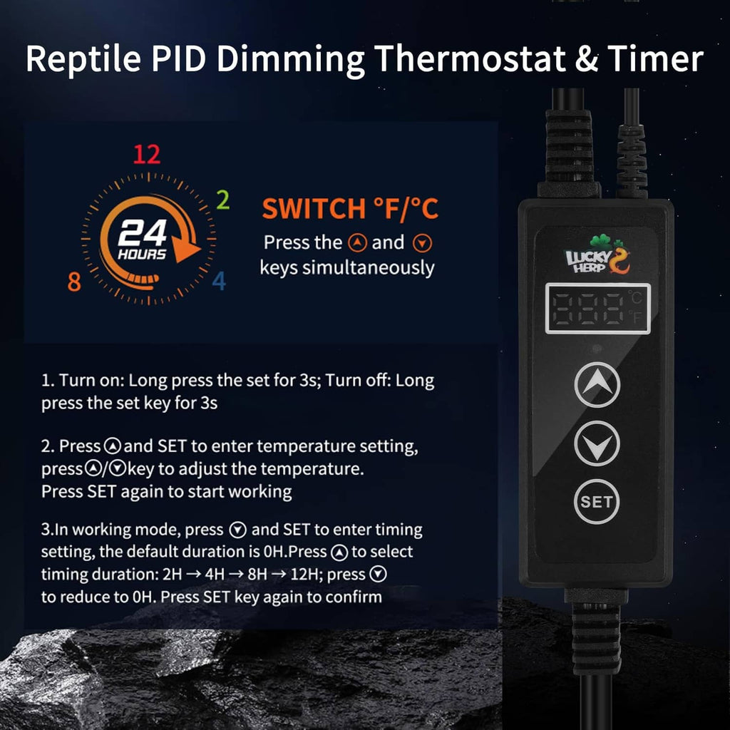 Black reptile PID dimming thermostat with LCD screen and three control buttons