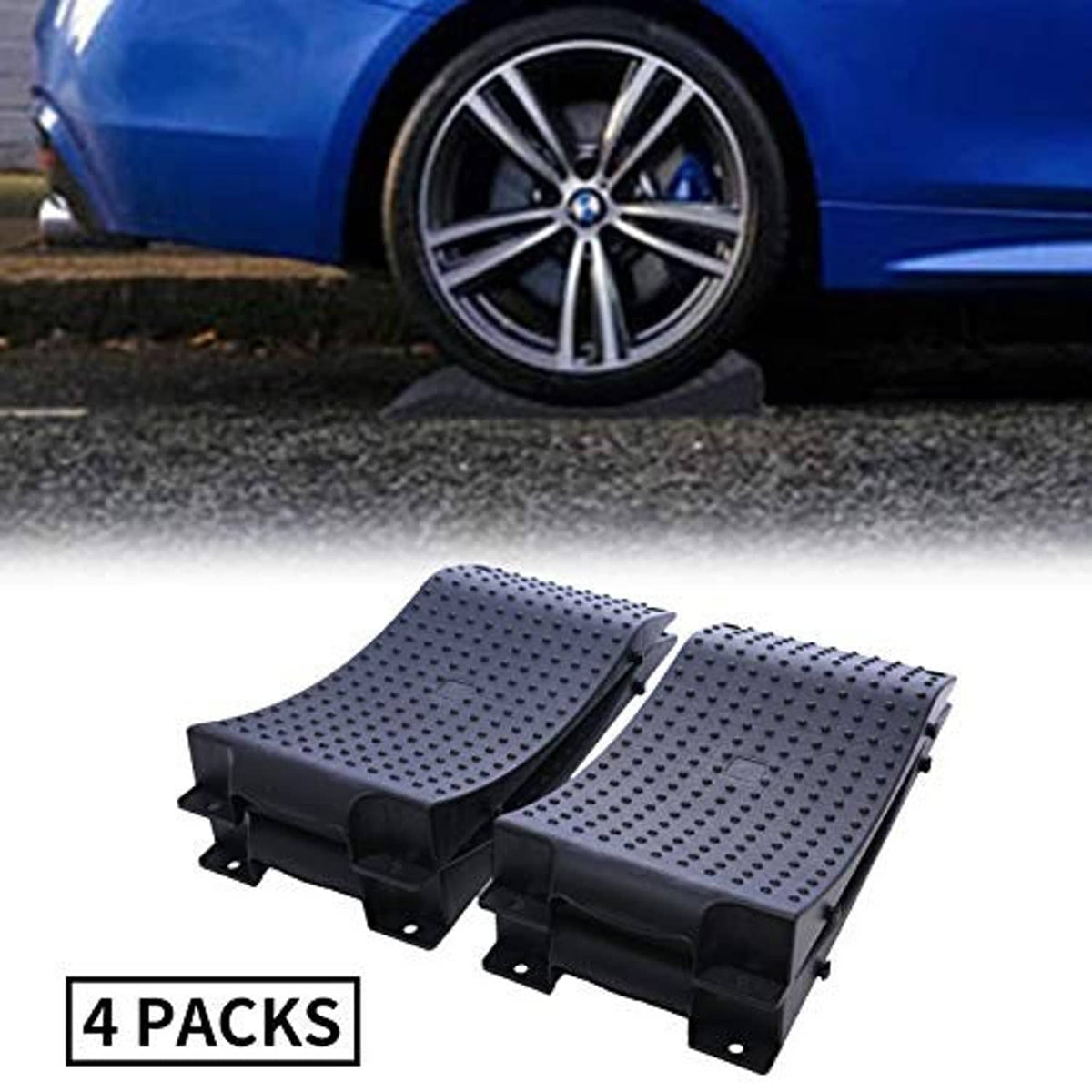 Car tire wheel ramps, black perforated anti-slip pads set (4 pack)