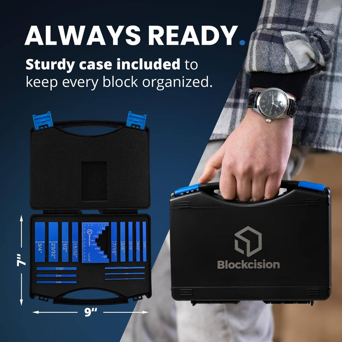 Black hard case with blue Blockcision setup blocks neatly organized