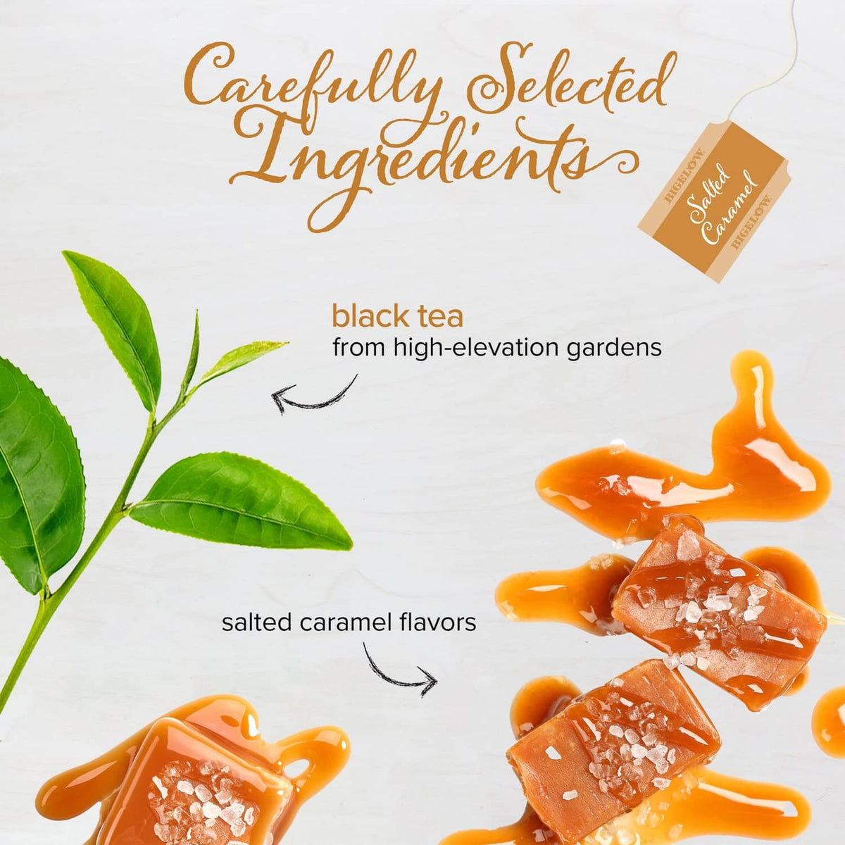 Salted caramel black tea ingredient graphic with green tea leaves and caramel drips