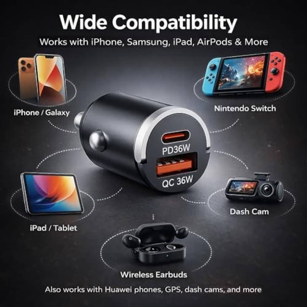 Black dual-port car USB charger with USB-C PD36W and QC36W ports