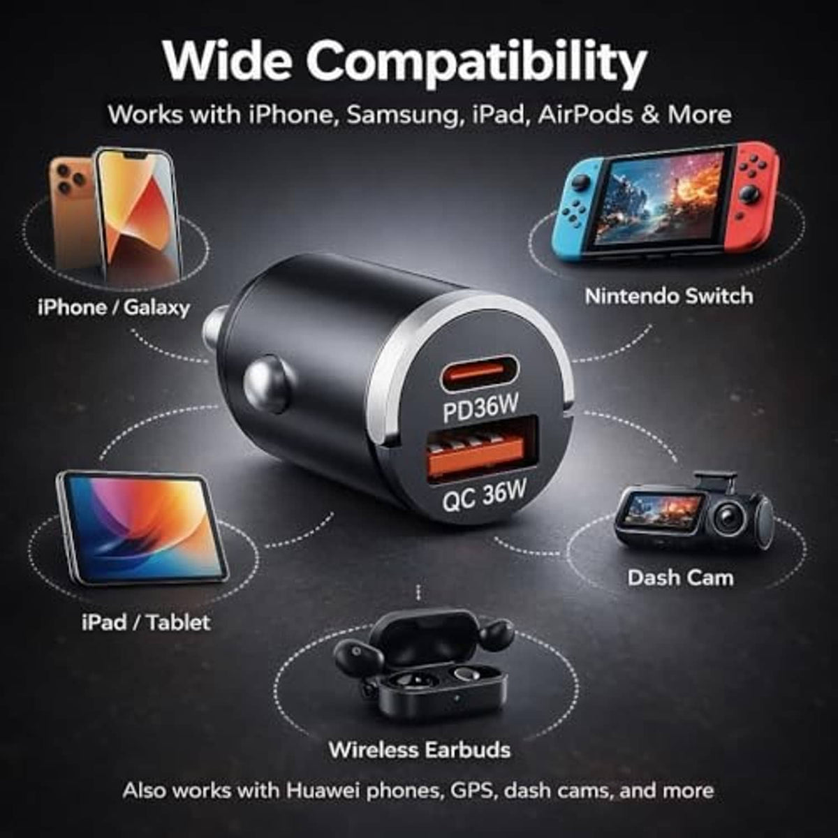 Black dual-port car USB charger with USB-C PD36W and QC36W ports
