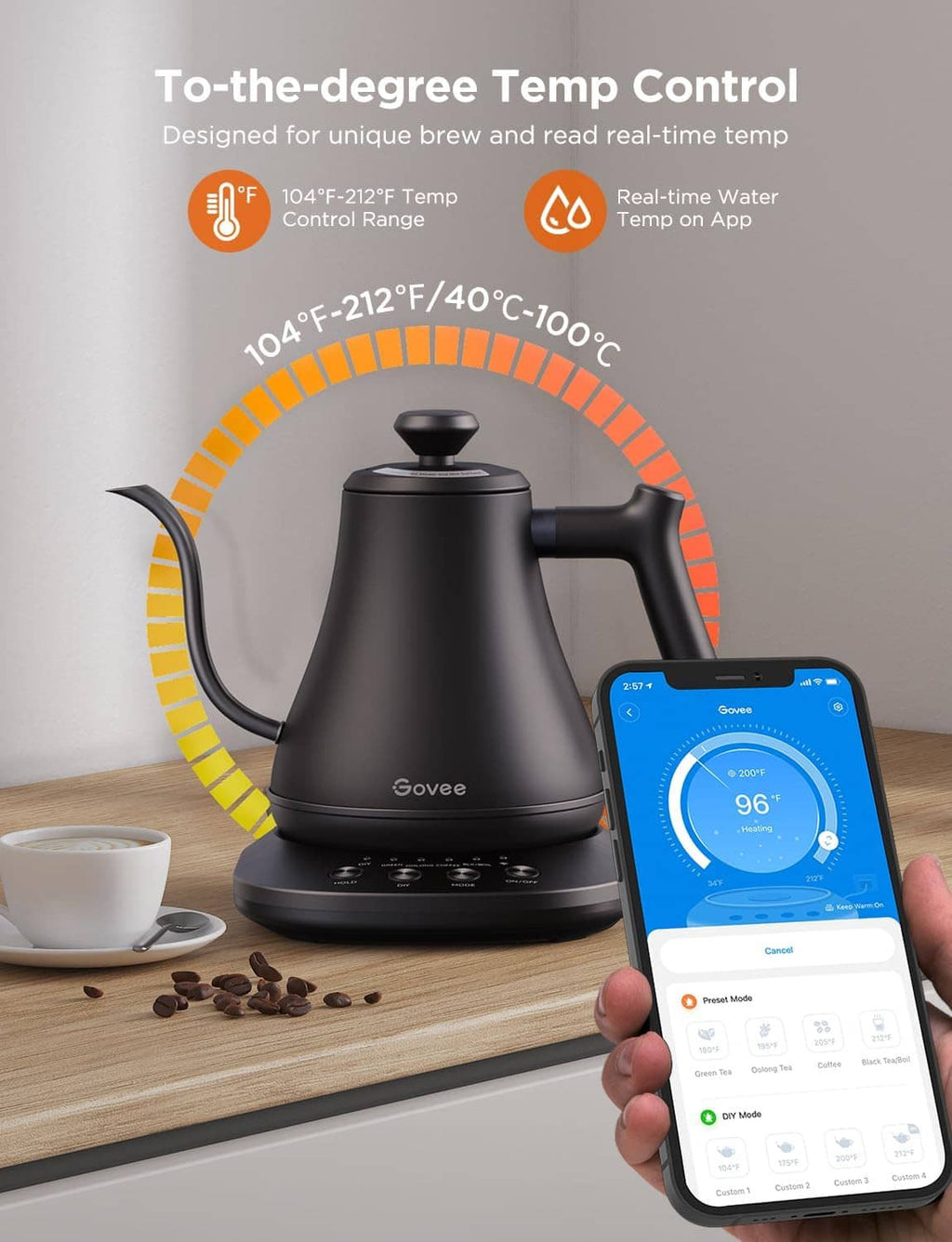 Black gooseneck smart kettle with temperature control app on smartphone