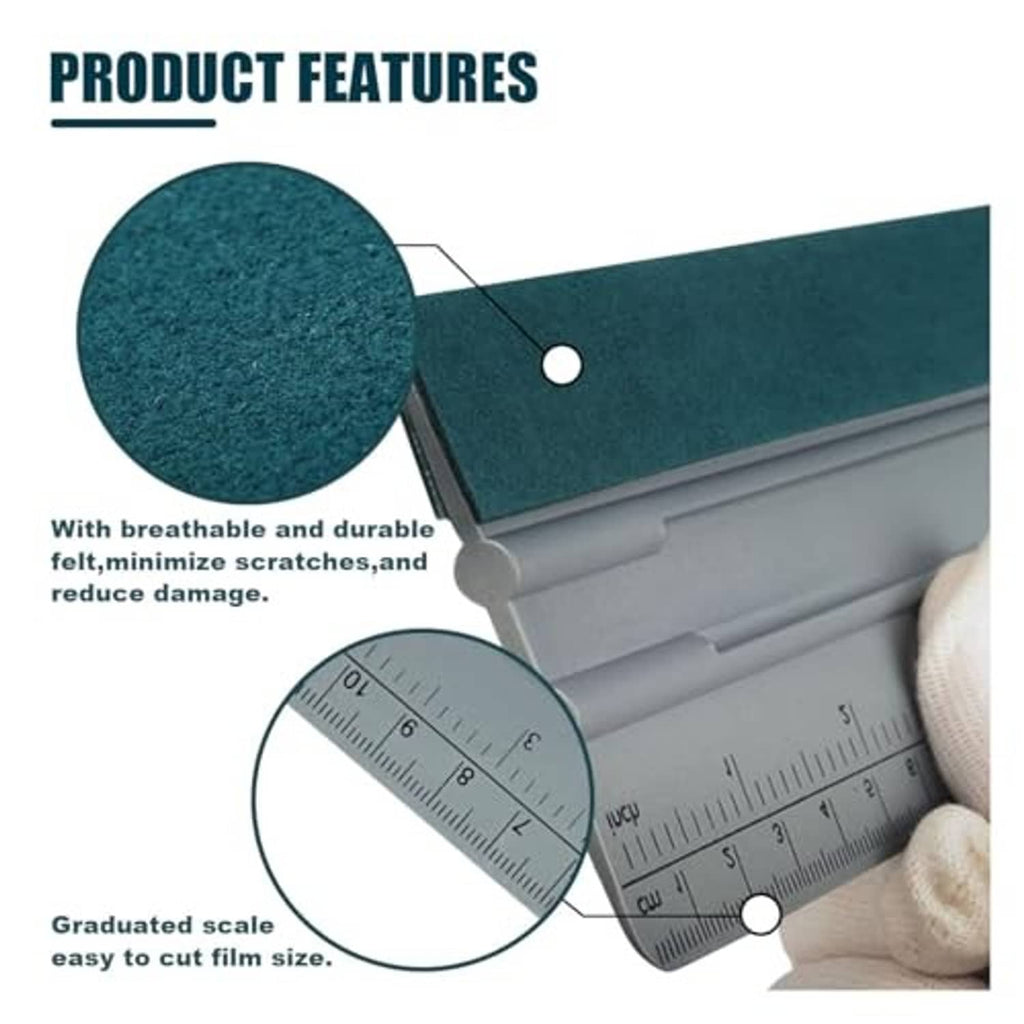 Vinyl squeegee with gray handle, ruler scale, and dark felt buffer pad
