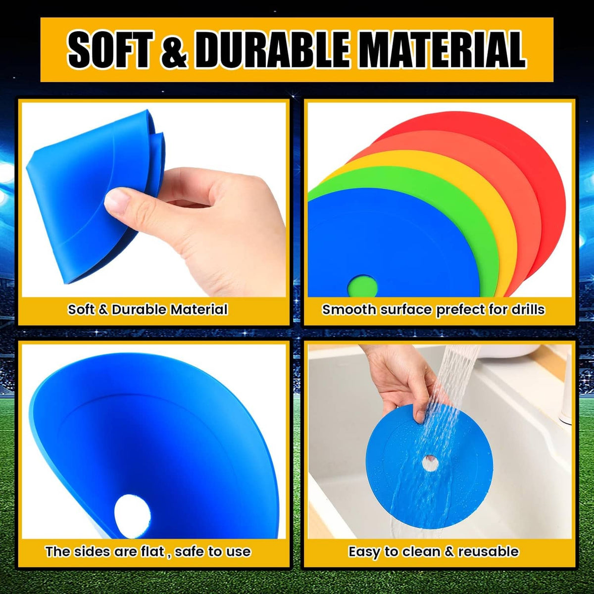 Flat spot marker discs showing smooth surface and stackable design in multiple colors