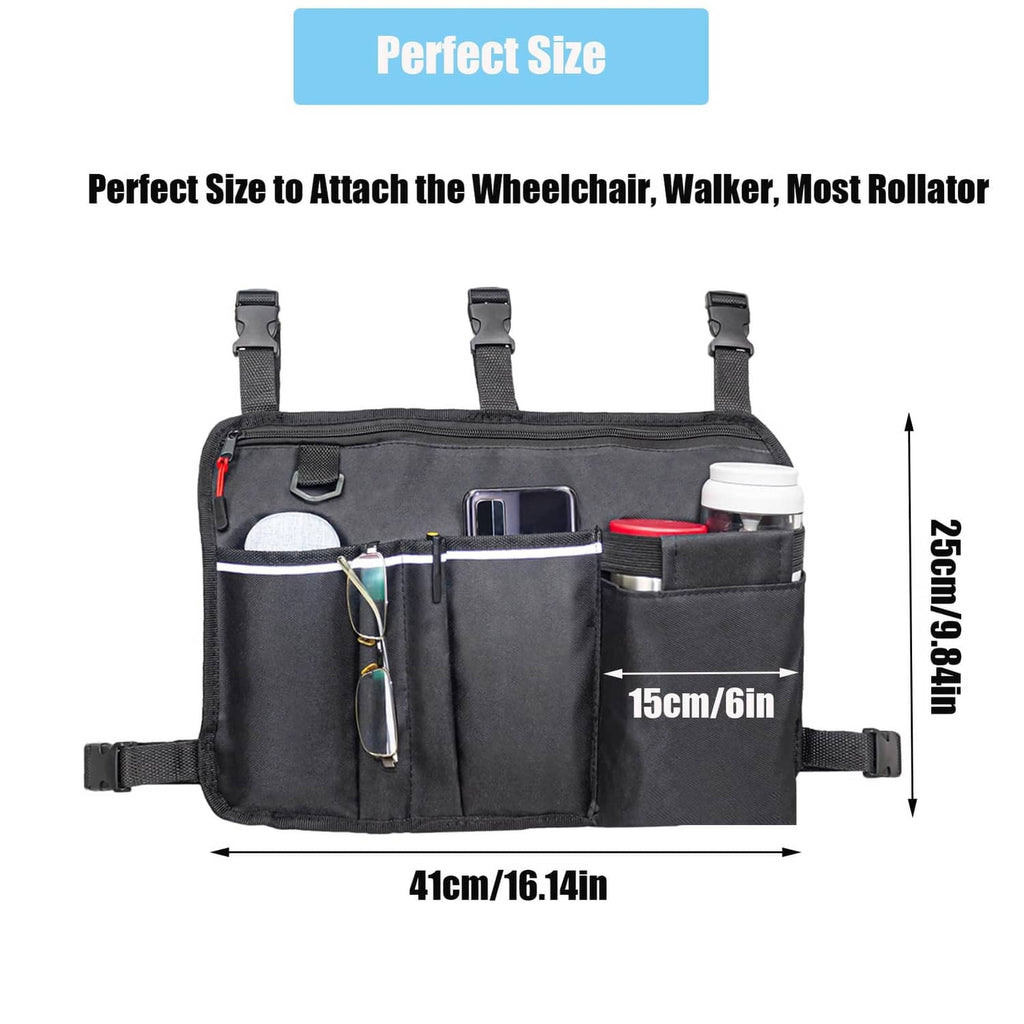 Black walker bag organizer with 41cm width and 25cm height; front zip pockets