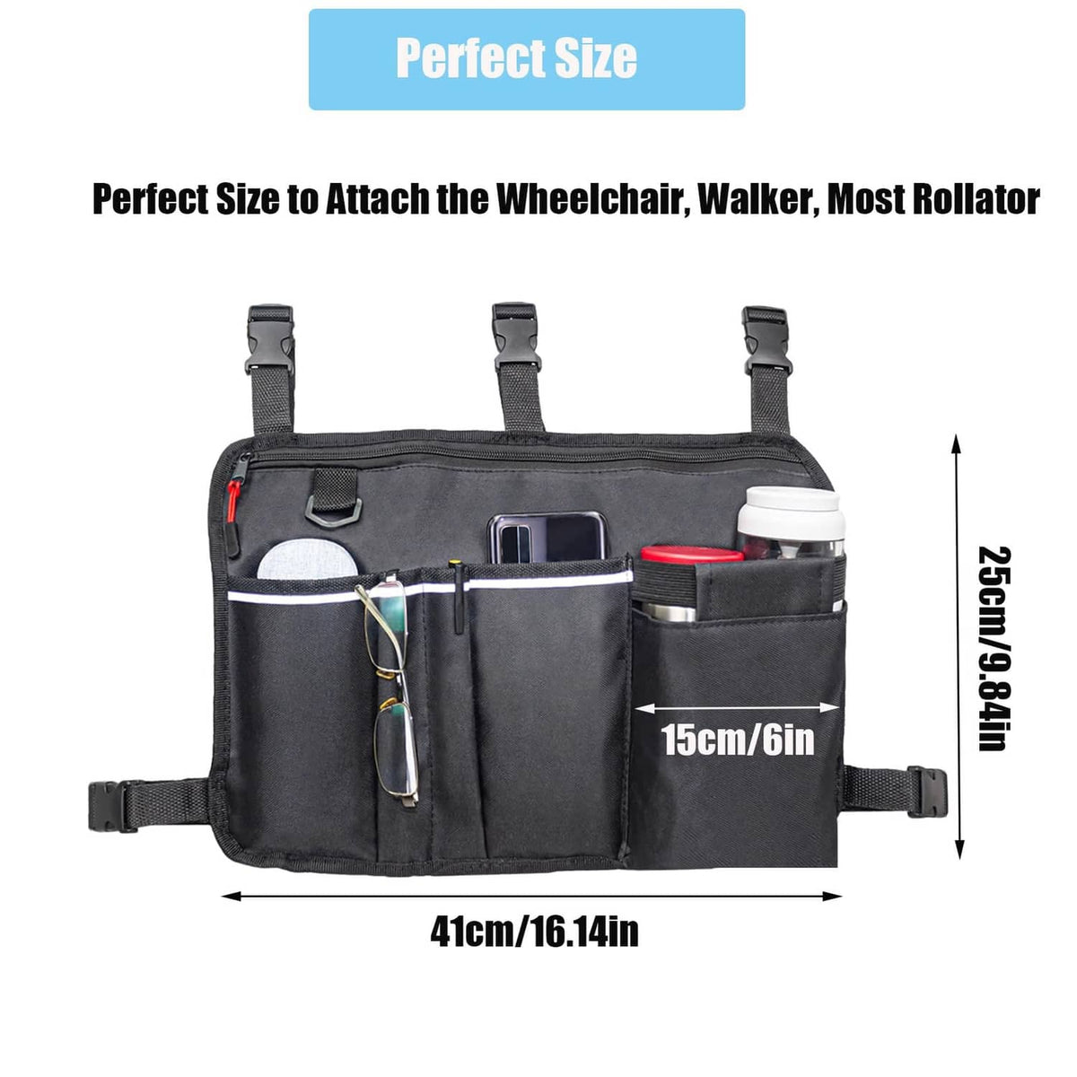 Black walker bag organizer with 41cm width and 25cm height; front zip pockets