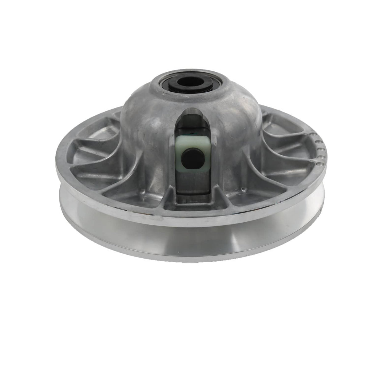 Secondary driven clutch sheave, silver metal with central bearing opening and damper rail