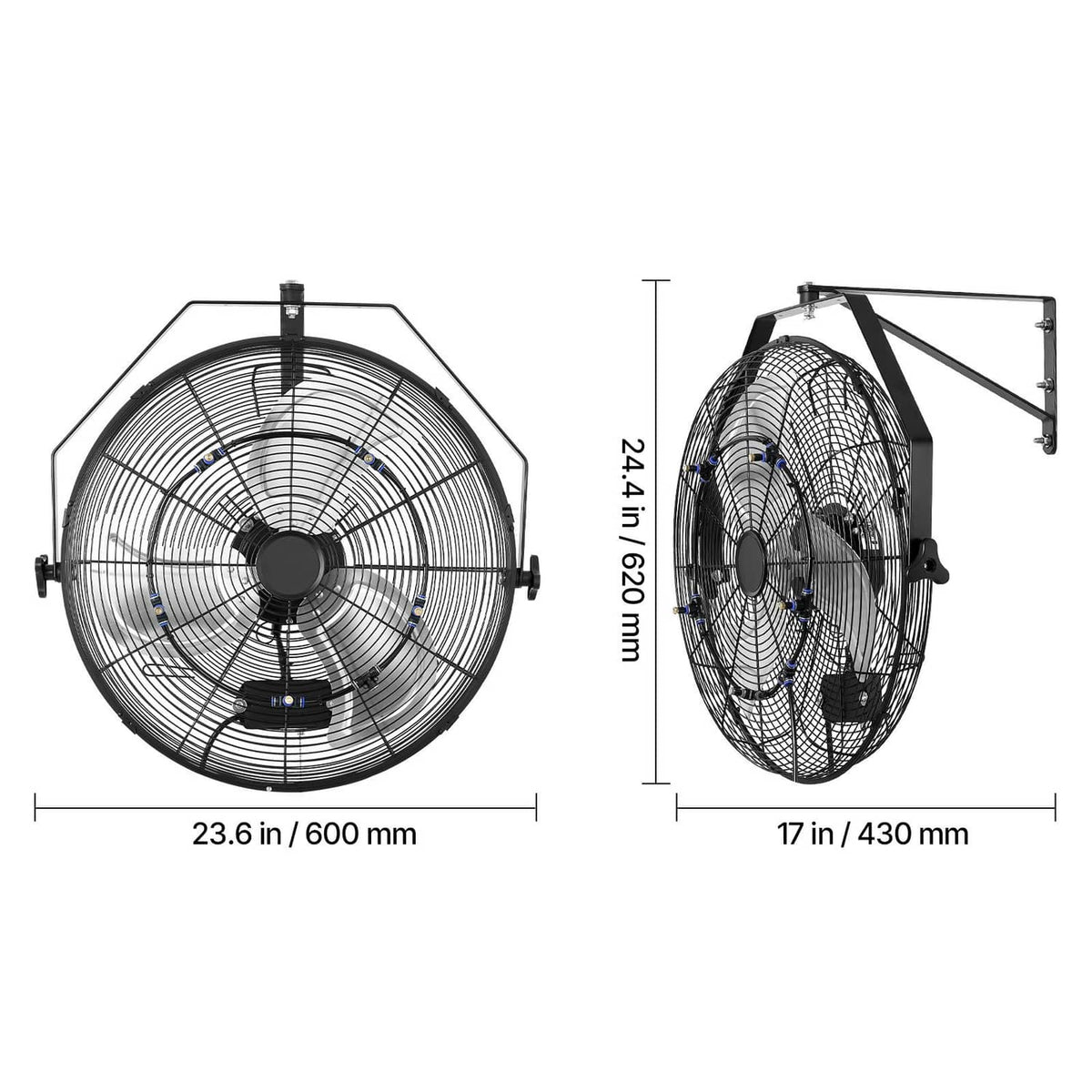 Compact view of wall-mounted 20 inch fan with mounting arm and protective grille