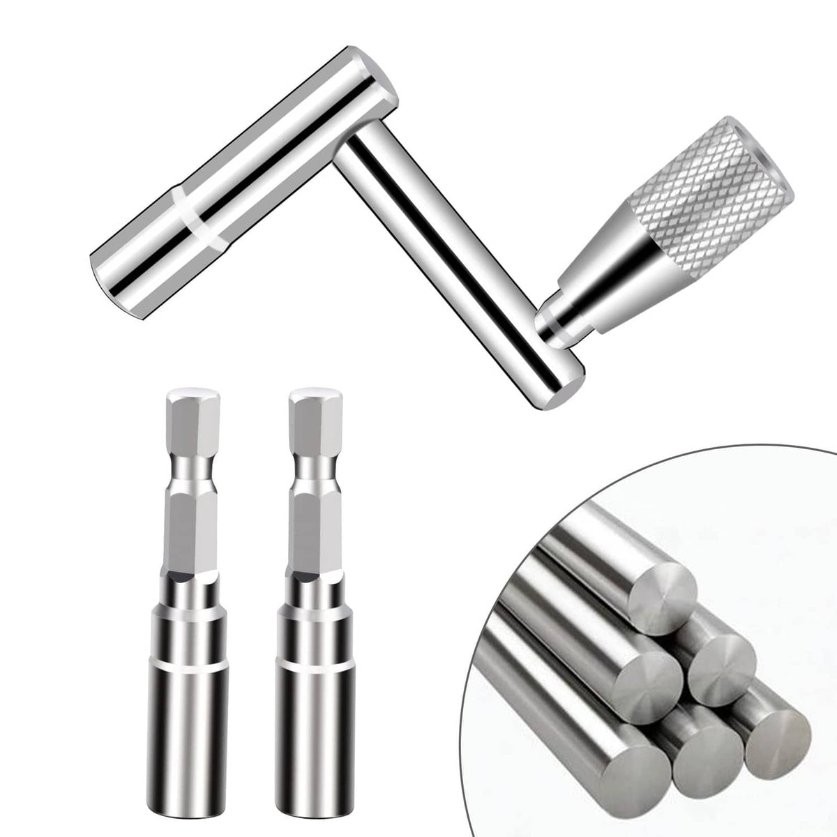 Drum tuning key with two drill bits; close-up of hex and socket tips