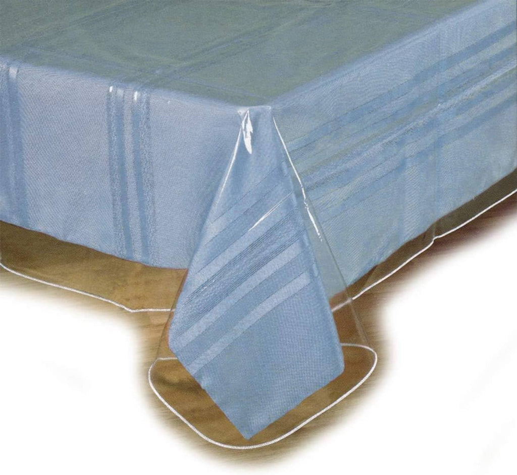 Clear vinyl tablecloth protector with folded corner and straight edge