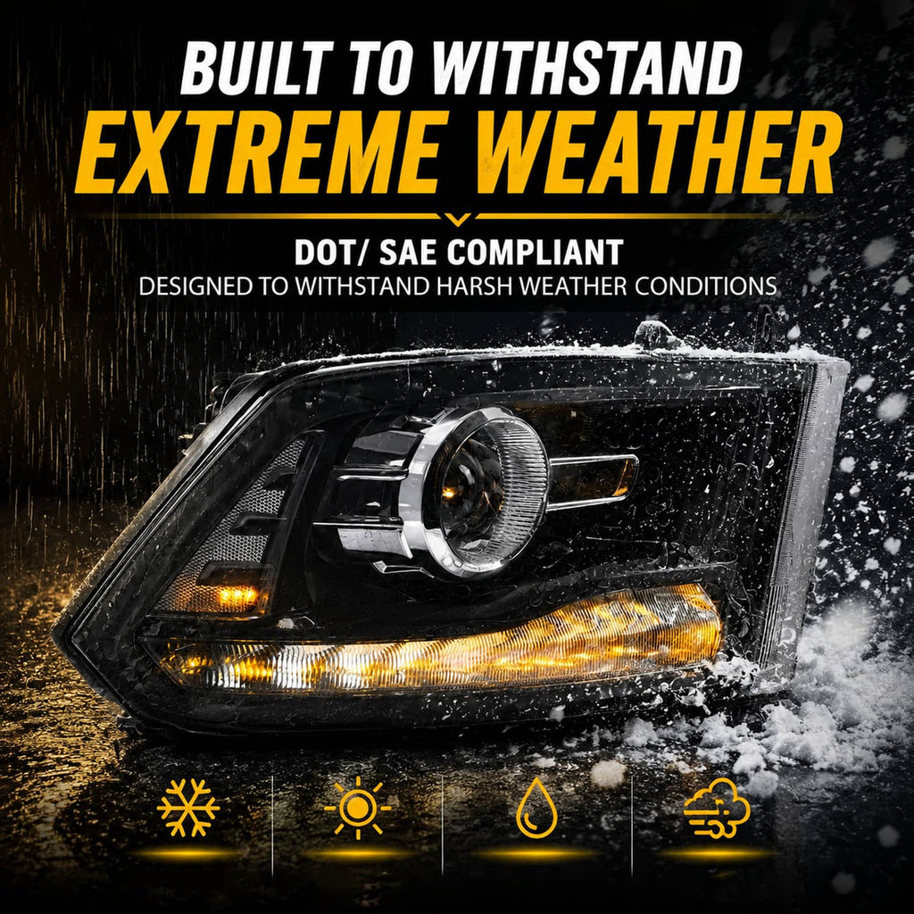 Black projector headlight with amber LED bar shown with water splash