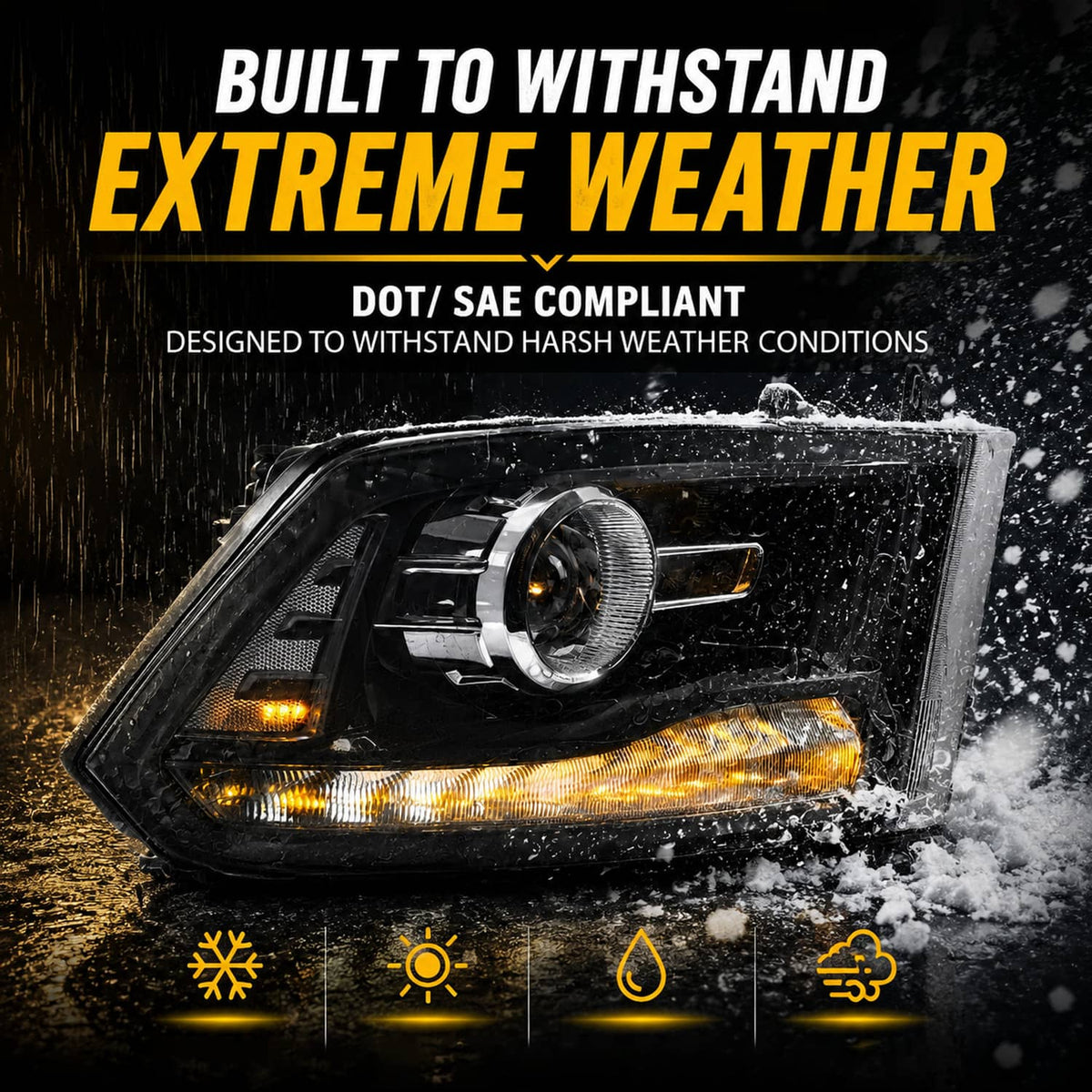 Black projector headlight with amber LED bar shown with water splash