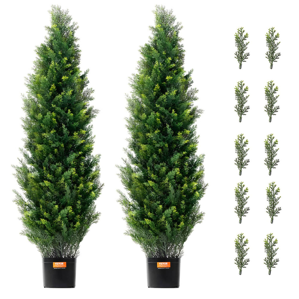 Two-pack artificial cedar topiary trees with bright green needles in black pots