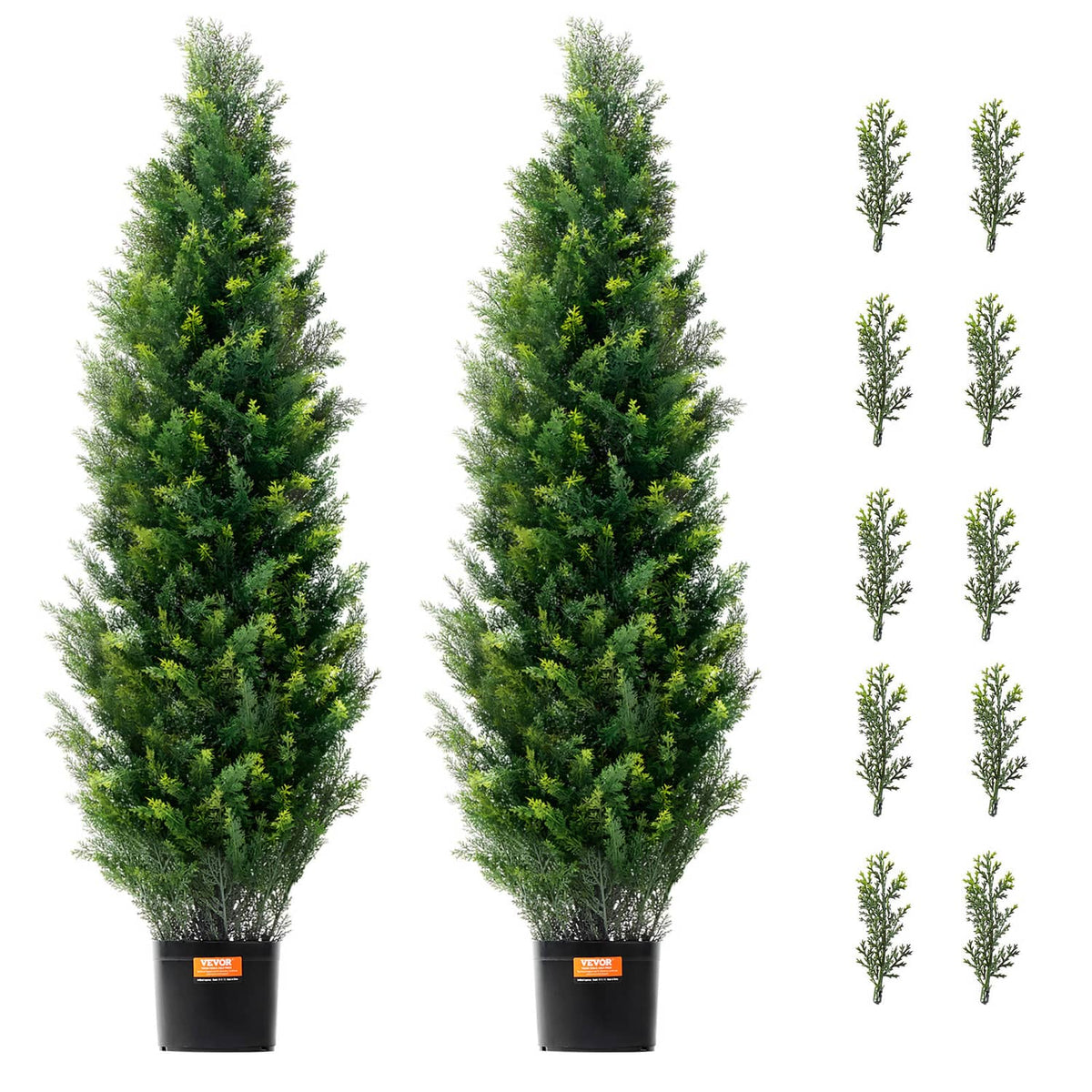 Two-pack artificial cedar topiary trees with bright green needles in black pots