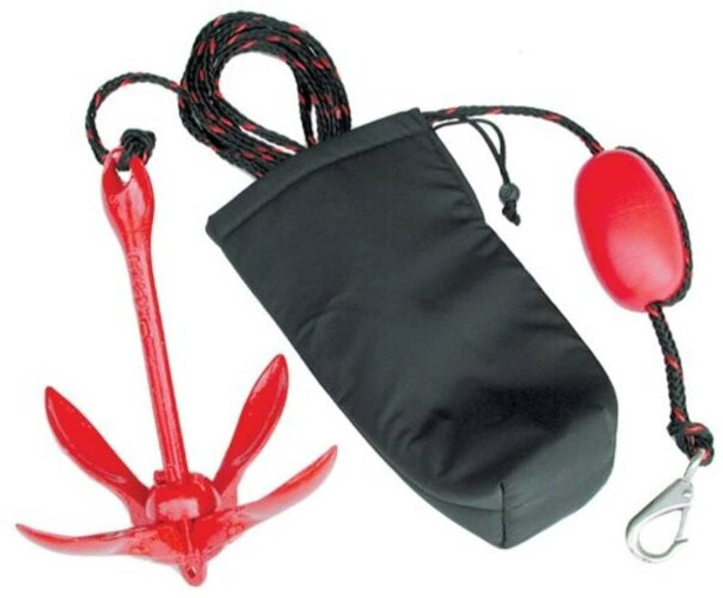 Grapnel anchor kit with red anchor, black braided rope, black pouch, red float